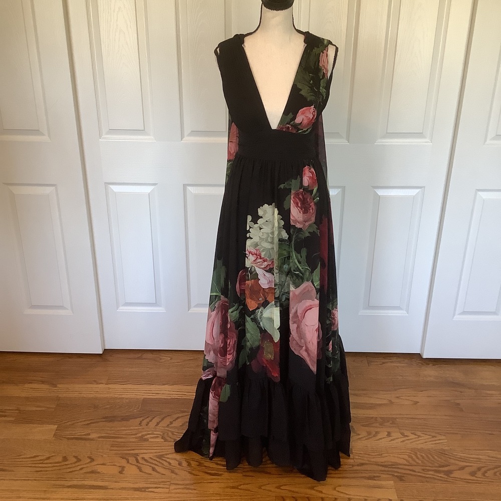 Alice + Olivia Be Still Floral Cape Maxi Dress Black Pink Rose Size 0 NWT - Picture 12 of 14